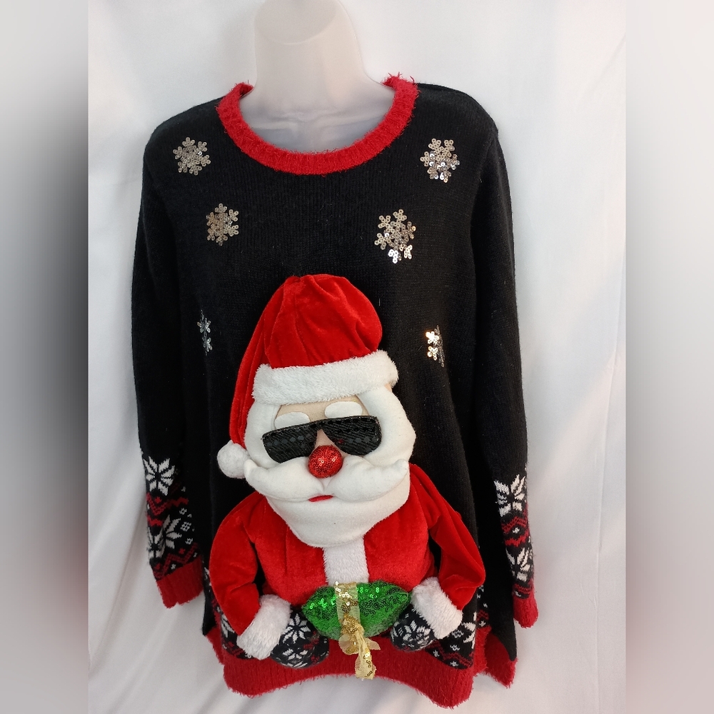 Holiday Time Winter Christmas Festive Black‎ Santa Sweater 0X 14W